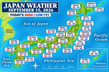 Japan weather map, Tuesday, September 15, 2026