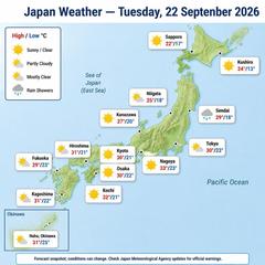 Japan weather map, Tuesday, September 22, 2026