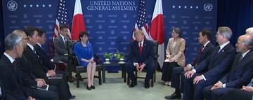 President Trump and Prime Minister Takaichi, with their delegations, at their meeting at United Nations headquarters in New York on Tuesday
