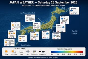 Japan weather map, Saturday, September 26, 2026