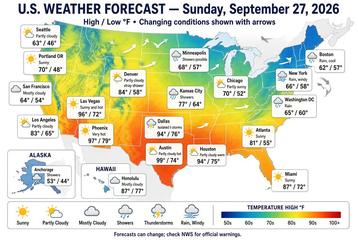 United States weather map, Sunday, September 27, 2026