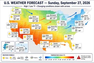 United States weather map, Tuesday, September 29, 2026