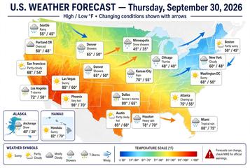 United States weather map, Wednesday, September 30, 2026