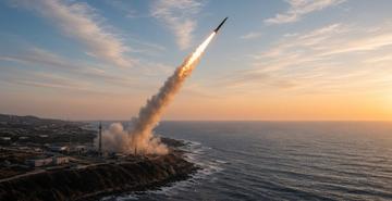 A missile rises from a coastal launch site over the sea at dusk