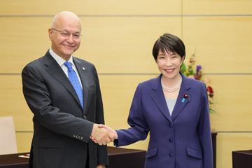 Prime Minister Sanae Takaichi, who marks a year in office on Wednesday, greets a visitor
