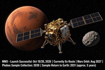 An artist's impression of the MMX probe with Mars and its moon Phobos