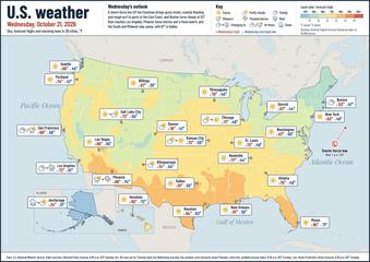United States weather map, Wednesday, October 21, 2026