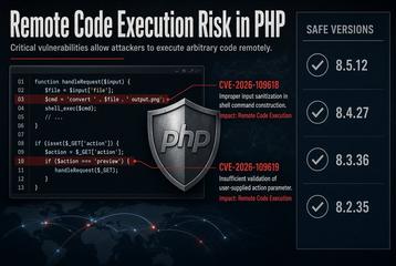 An illustration of the remote code execution risk in PHP and the four fixed versions, 8.5.12, 8.4.27, 8.3.36 and 8.2.35, released at 11 p.m. on Wednesday