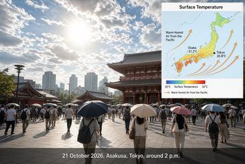 People shade themselves with parasols near the Kaminarimon gate in Asakusa, Tokyo, at around 2 p.m. on Wednesday