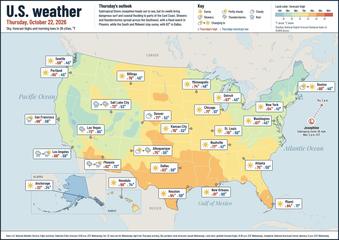 United States weather map, Thursday, October 22, 2026